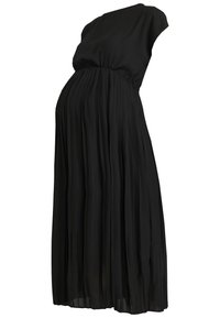 Musta laskostettu äitiyspuku, jossa on hihaton malli ja kerrostettu vyötärö, valmistettu kevyestä kankaasta kauniin virtaavan siluetin saanut.