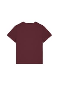 Burgunderrotes T-Shirt mit kurzen Ärmeln und Rundhalsausschnitt, aus glattem Material, einfarbig ohne sichtbare Muster oder Akzente.