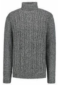 Pull gris en maille avec un col montant, présentant un motif torsadé texturé, des poignets et un ourlet côtelés. Fabriqué en fil épais pour plus de chaleur.