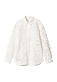 White lace blouse featuring a button-down front, classic collar, long sleeves, and intricate floral patterns across the fabric.