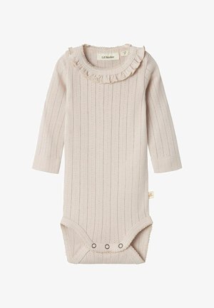 Ilgas rankovėmis kūdikių bodis, pagamintas iš minkštos šviesiai rožinės juostos medžiagos. Savybės: raukšlėta apykaklė ir spaustukai apačioje, kad būtų lengva keisti.