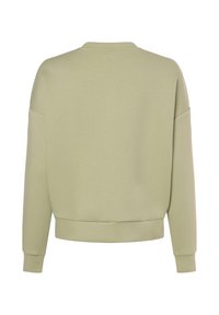 Sweat-shirt vert clair avec une coupe décontractée, un col rond, des épaules tombantes, et des poignets et ourlet côtelés. Texture lisse, sans motifs.