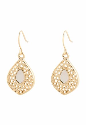 Ohrhänger in Goldoptik mit tropfenförmigem Design, filigranen Ausschnittmustern und einem zentralen spiegelnden Akzent. Leichtes Design.