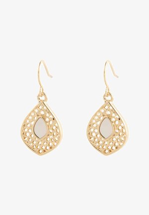 Ohrhänger in Goldoptik mit tropfenförmigem Design, filigranen Ausschnittmustern und einem zentralen spiegelnden Akzent. Leichtes Design.