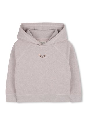 Hoodie rose clair avec une poche frontale, des poignets et un ourlet côtelés, une capuche avec cordon de serrage, arborant un logo d'aile marron brodé sur la poitrine.