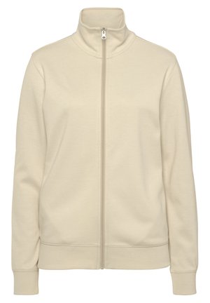 Beige zip-up jacket with a high collar, long sleeves, and ribbed cuffs. Smooth texture and minimalist design without embellishments.
