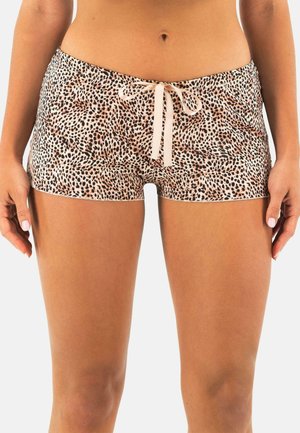 Luipaardprint zwemshorts van een lichte stof, met een trekkoord in de taille en een aansluitend ontwerp. Kleurtinten zijn beige, bruin en zwarte vlekken.