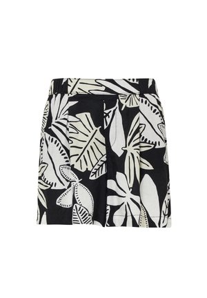 Black shorts featuring a white tropical leaf pattern, made from lightweight fabric with a loose fit and an elastic waistband.