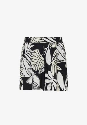 Schwarze Shorts mit einem weißen tropischen Blattmuster, aus leichtem Stoff gefertigt, mit lockerer Passform und elastischem Bund.