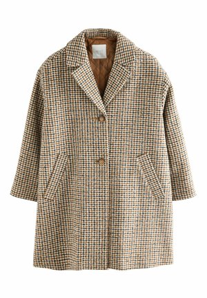 Braun-beige Hahnentrittmuster-Mantel mit Reverskragen, zwei Seitentaschen und Knopfverschluss vorne. Leichte, gestepfte Innenausstattung.
