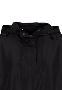 Zwarte hooded jacket met een ritssluiting aan de voorkant, verstelbare trekkoord in de capuchon en een gladde, lichte stof.