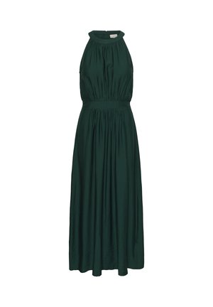 Temno zelena maxi obleka brez rokavov z nabranim visokim ovratnikom, poudarjenim pasom in tekočo krilo, predstavljena na belem ozadju.
