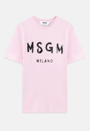 Pink cotton t-shirt featuring a black brushstroke logo "MSGM MILANO" on the front. Short sleeves and crew neckline.