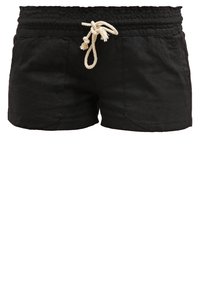 Shorts neri in misto lino con vita elastica e cordino regolabile. Presentano due tasche frontali e un fit rilassato.