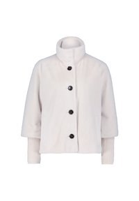 Jasna kremowa kurtka z krótkim rękawem, wykonana z miękkiego, pluszowego materiału, z wysokim kołnierzem i pięcioma czarnymi guzikami. Żebrowane akcenty przy mankietach.