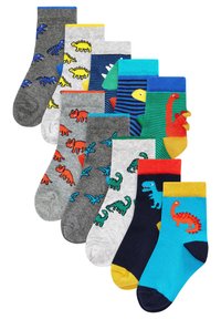 Verschiedene Kindersocken mit Dinosauriermustern in verschiedenen Farben, darunter Grau, Blau, Grün und Marineblau, mit gerippten Bündchen und ausgeprägten Motiven.