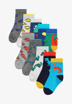 Verschiedene Kindersocken mit Dinosauriermustern in verschiedenen Farben, darunter Grau, Blau, Grün und Marineblau, mit gerippten Bündchen und ausgeprägten Motiven.