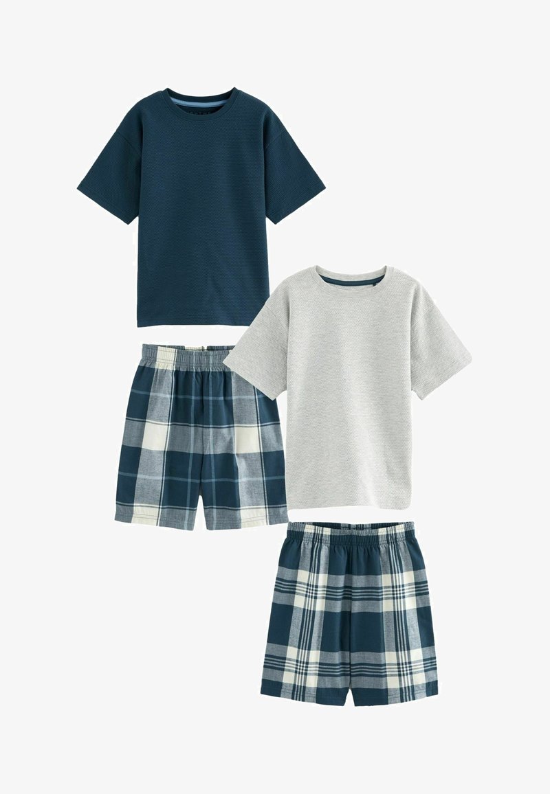 Set of two short-sleeve T-shirts in dark blue and light gray, paired with two pairs of plaid shorts in navy and white. Cotton material.