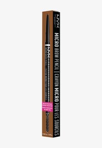 Crayon à sourcils Micro de NYX dans un emballage noir et marron élégant, doté d'une pointe fine et d'une brosse spoolie intégrée pour l'application.