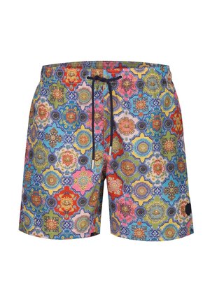 Herren-Shorts mit mehrfarbigen geometrischen und floralen Mustern, ausgestattet mit einem schwarzen Kordelzug am Bund und einem kleinen schwarzen Aufnäher am Bein.