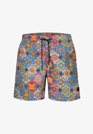 Men’s shorts with multicolored geometric and floral patterns, featuring a black drawstring waist and a small black patch on the leg.
