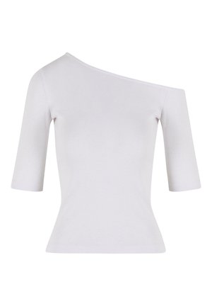 Asymmetrisches Top mit einem Schulterdesign aus hellgrauem, geripptem Stoff, mit kurzen Ärmeln und taillierter Silhouette.