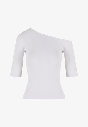 Asymetrický top bez ramena ze světle šedého žebrovaného materiálu, s krátkými rukávy a těsným střihem.