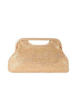 Pochette rectangulaire beige en tissage avec bords arrondis et poignée supérieure intégrée, reflétant la lumière sur un fond blanc.
