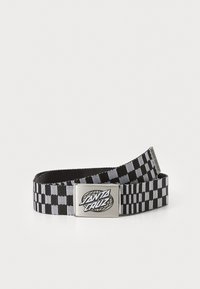 Black and white checkered fabric belt with a metal buckle featuring the "SANTA CRUZ" logo, showcasing a woven texture and durable design.