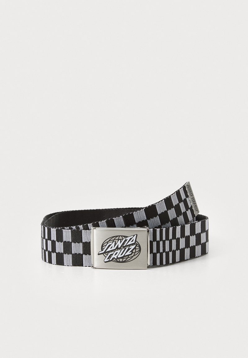 Black and white checkered fabric belt with a metal buckle featuring the "SANTA CRUZ" logo, showcasing a woven texture and durable design.