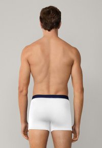 Boxer bianchi con una cintura blu navy e dettagli bianchi. Il tessuto appare liscio e aderente, mostrando un design elegante dal retro.