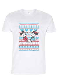 Bílý tričko s grafickým potiskem Mickeyho a Minny Mouse, se barevnými geometrickými vzory v modré, červené a ledové barvě.