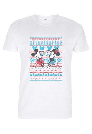 Bílý tričko s grafickým potiskem Mickeyho a Minny Mouse, se barevnými geometrickými vzory v modré, červené a ledové barvě.