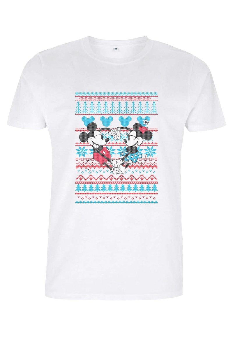 Bílý tričko s grafickým potiskem Mickeyho a Minny Mouse, se barevnými geometrickými vzory v modré, červené a ledové barvě.
