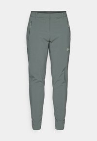 Graue Outdoor-Hosen aus leichtem, strapazierfähigem Material. Mit seitlichen Reißverschlusstaschen und einem schlanken Schnitt mit schmal zulaufenden Beinen.