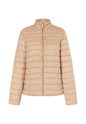 Jachetă puffer bej matlasată cu guler înalt, fermoar pe întreaga lungime în față și cusături orizontale. Dispune de un material ușor și un design ajustat.