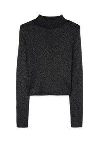 Schwarzer, gerippter Strickpullover mit Rollkragen, langen Ärmeln, kurzem Schnitt und dezentem metallischem Glanz im gesamten Stoff.