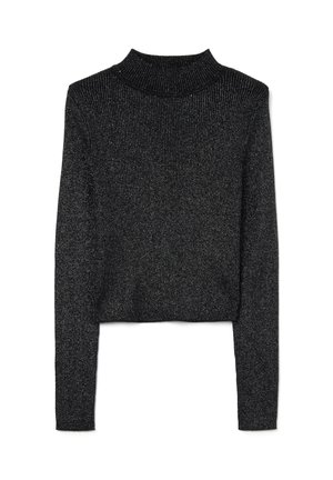 Schwarzer, gerippter Strickpullover mit Rollkragen, langen Ärmeln, kurzem Schnitt und dezentem metallischem Glanz im gesamten Stoff.