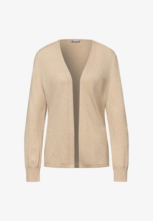 Beige langærmet cardigan med åben front, ribstrikkede manchetter og V-hals, vist på en hvid baggrund.