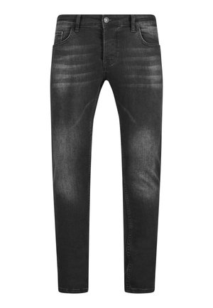 Juodos džinsinio audinio kelnės su siauru kirpimu, turinčios subtilius nusidėvėjimo požymius, penkių kišenių dizainą, mygtuko prisiuvimą ir diržo kilpas. Lygi tekstūra.