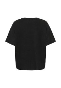 Black knitted short-sleeve sweater, featuring a relaxed fit and ribbed texture. Simple round neckline with no visible hardware or patterns.