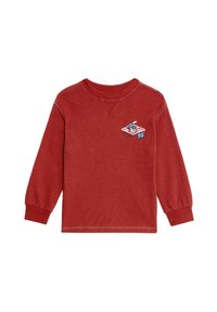 Rode longsleeve shirt in een katoenmengsel. Kenmerken zijn een ronde hals, ribbelmanchetten en een kleine grafische print met honkbalmotieven op de borst.