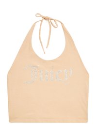 Top halter beige chiaro realizzato in tessuto morbido con scollo rotondo, decorato con strass che formano la scritta "Juicy" sulla parte anteriore.