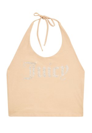 Light beige halter top made of soft fabric featuring a round neckline and embellished with rhinestones spelling "Juicy" across the front.