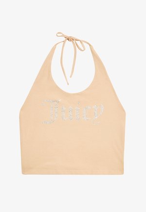 Top halter beige chiaro realizzato in tessuto morbido con scollo rotondo, decorato con strass che formano la scritta "Juicy" sulla parte anteriore.