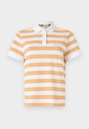 Rövid ujjú póló, narancssárga és fehér vízszintes csíkokkal, gombos gallérral és egy kis hímzett logóval a mellen.