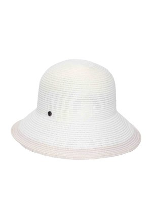 White woven bucket hat with a small black round metal detail on the side and a slightly flared brim.