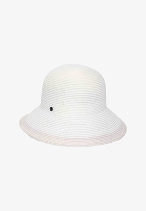 White woven bucket hat with a small black round metal detail on the side and a slightly flared brim.