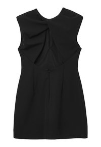 Abito nero senza maniche con un fiocco sulla schiena, chiusura con zip e una forma aderente con pieghe. Texture liscia e colore uniforme.