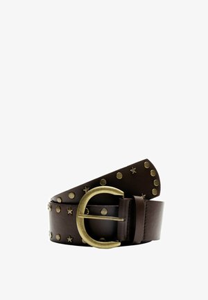 Ceinture en cuir marron avec une boucle en laiton arrondie, ornée d'accents métalliques ronds et en forme d'étoile le long de la sangle.